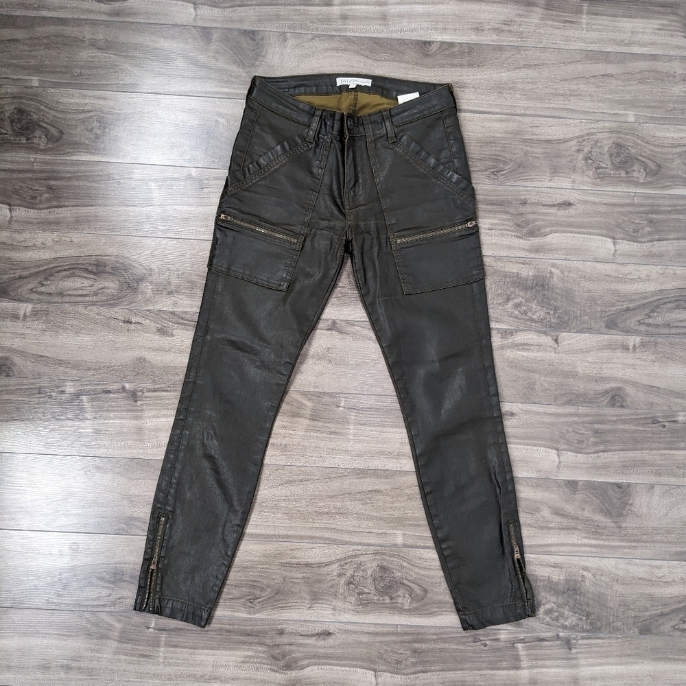 JOIE Jeans Coated Low Rise Park Skinny B  Olive Green Size 27 Zipper Ankle Moto